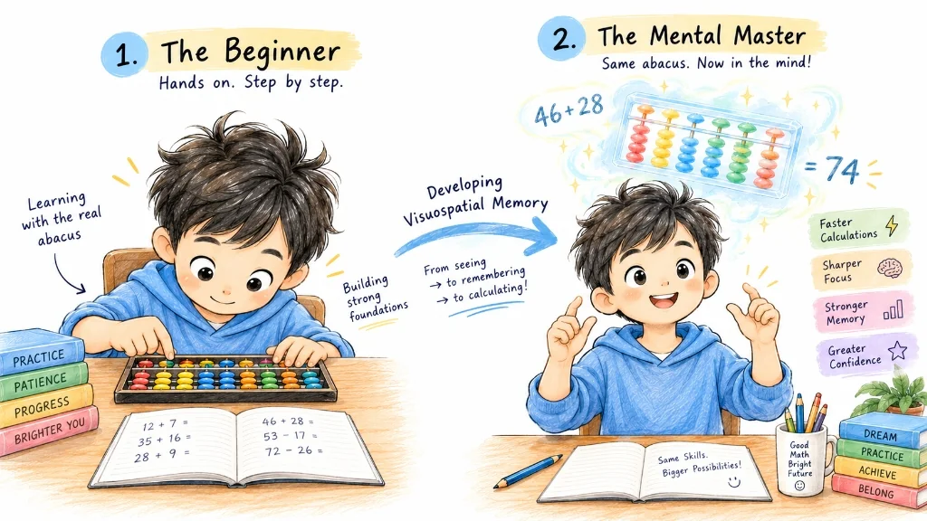 Educational comparison between beginner abacus student using physical Soroban and advanced student using mental visualization