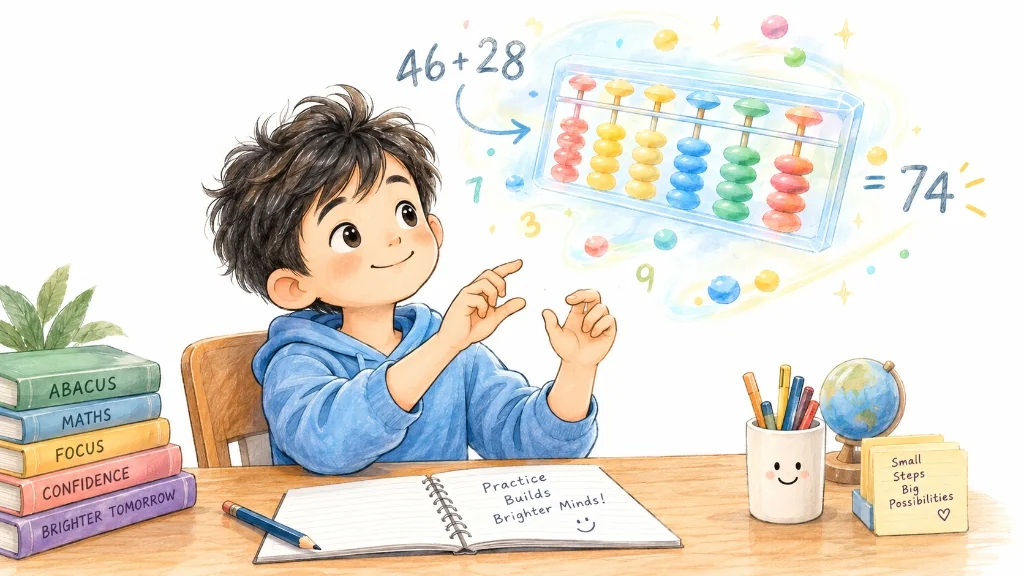 Young student practicing mental abacus calculation with colorful beads visualized in his mind