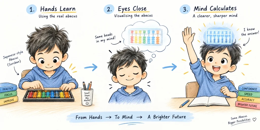 Three-stage abacus learning progression infographic showing Hands Learn, Eyes Close, and Mind Calculates